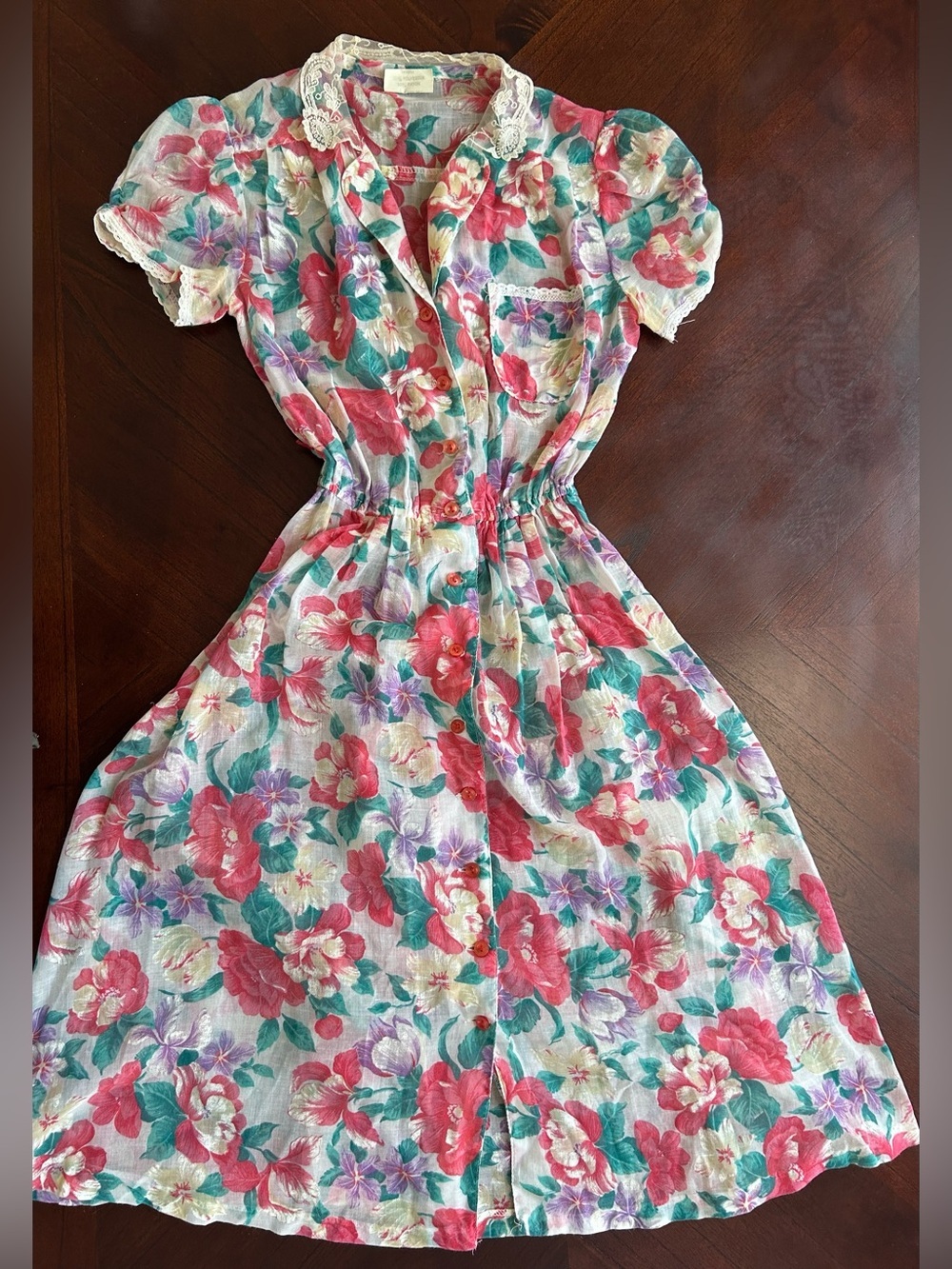 Vintage 90s QR2 Floral Rayon Midi Dress Lace Collar Cottagecore Size 6